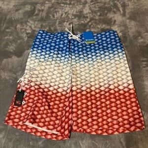 Columbia PFG Offshore Boardshorts Mens Size 40 Red Blue Fish Scale Omni Shield